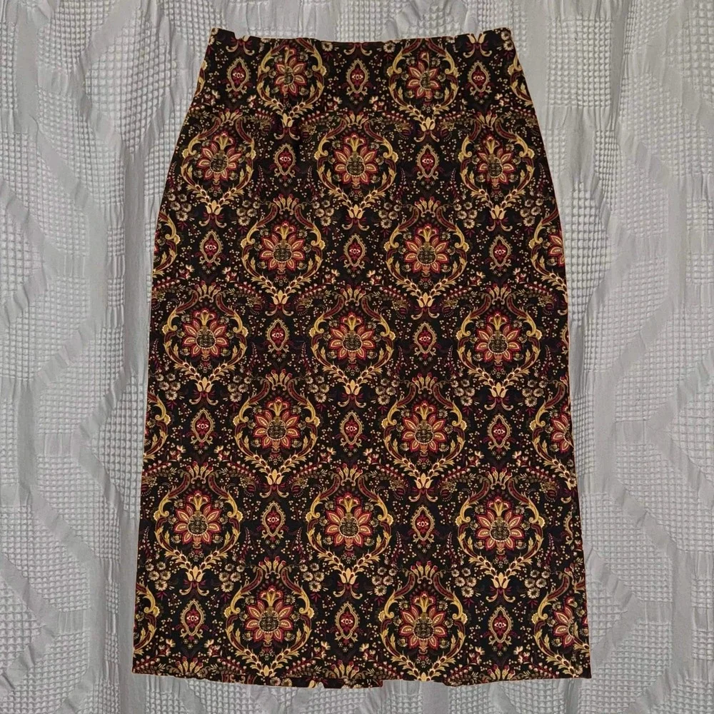 Briggs Midi Skirt Black Gold Damask Floral Boho Western Academia Earthy Fall 16